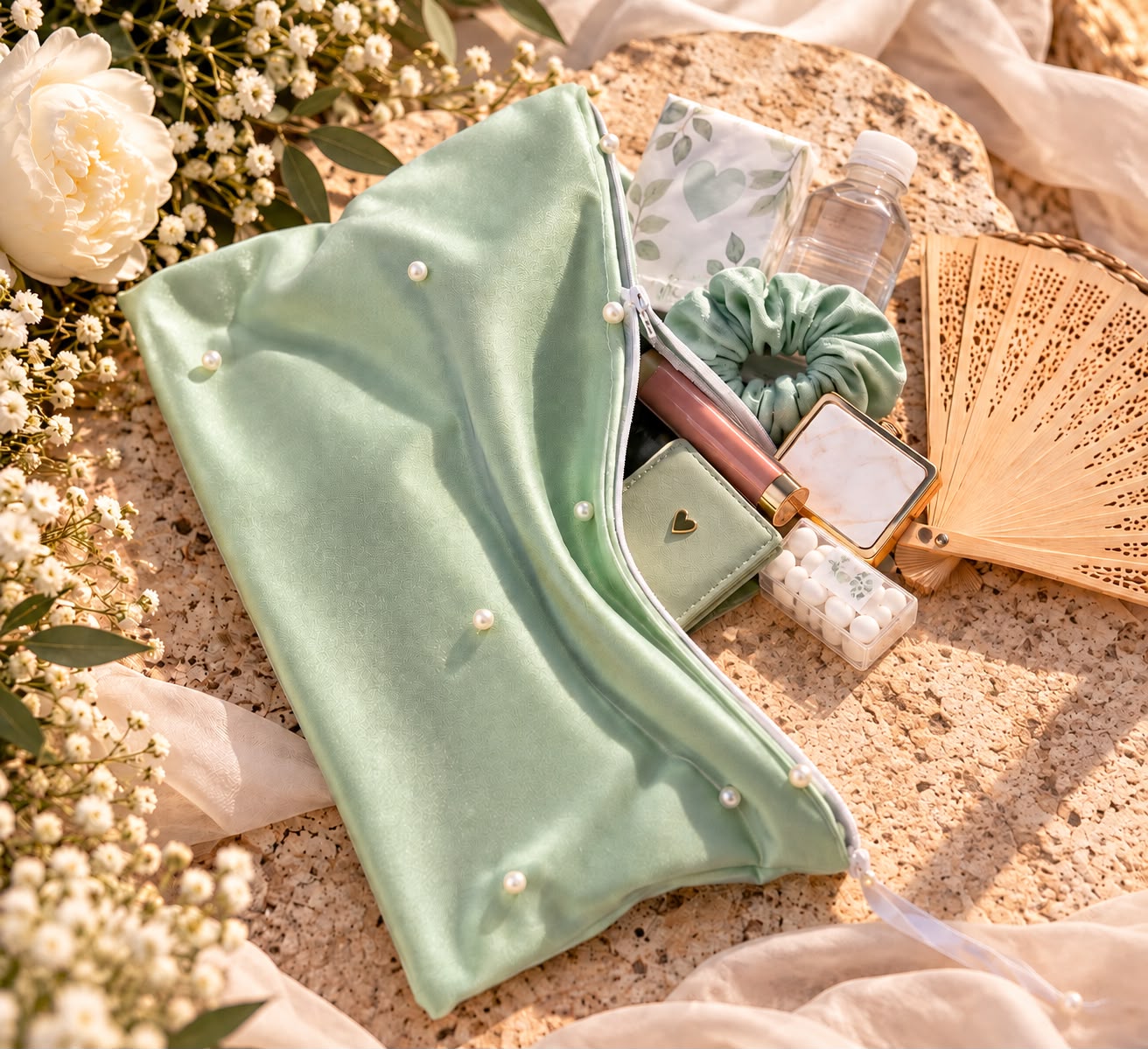Wedding Bag verde aperta con piccoli accessori utili per le invitate