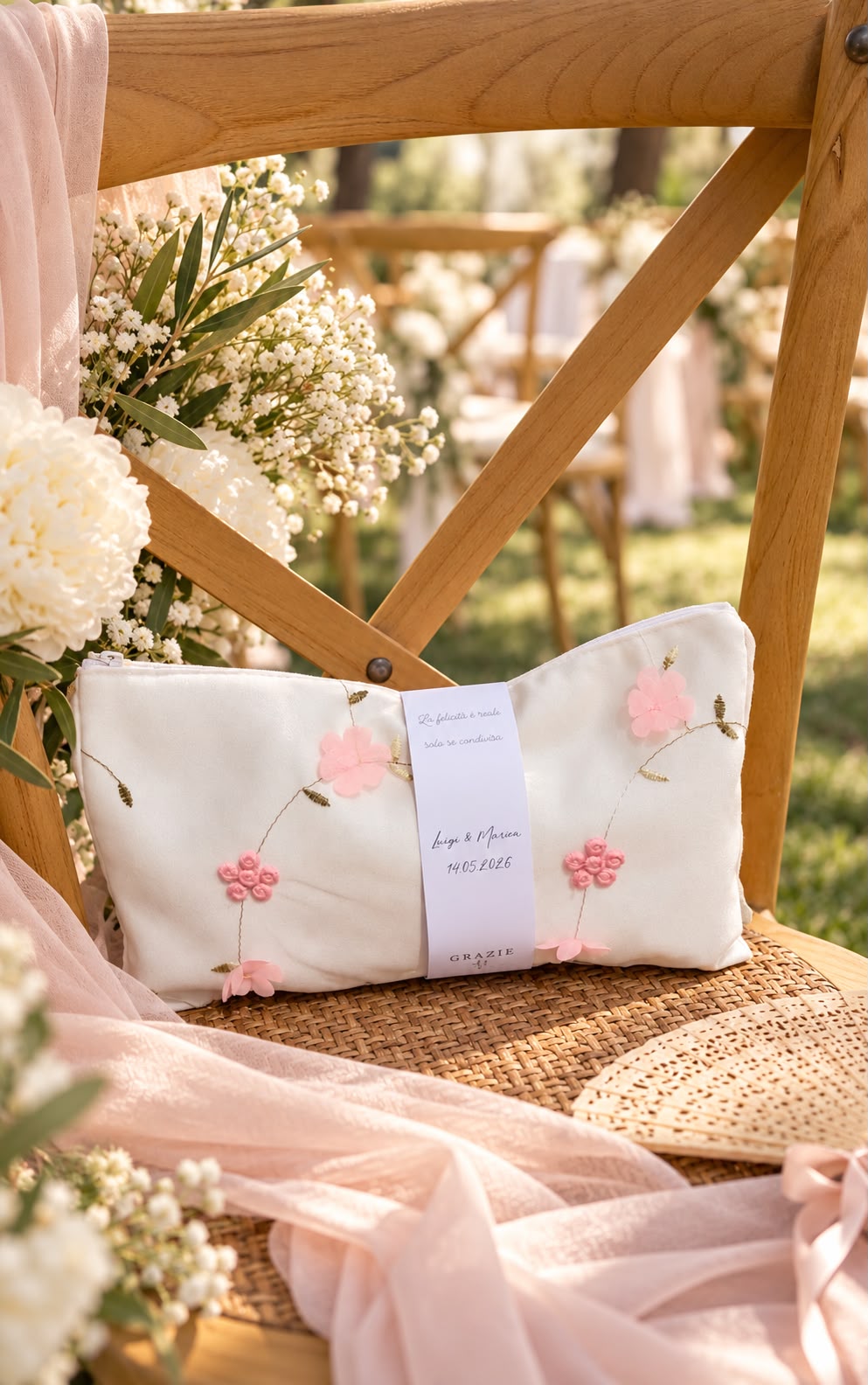 Wedding Bag Eterna bianca con applicazioni floreali rosa durante un matrimonio