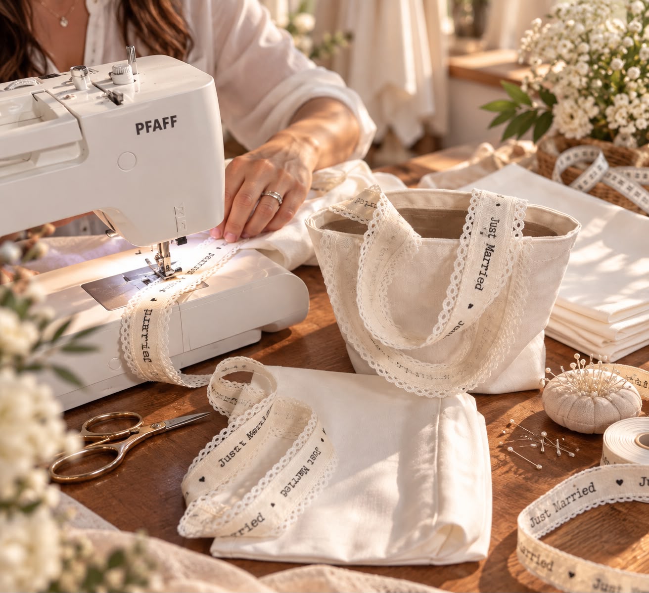 Lavorazione artigianale di una Wedding Bag alla macchina da cucire